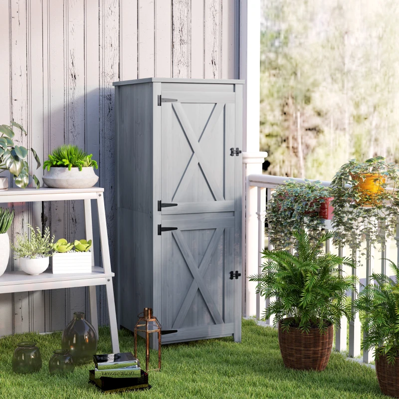 Outsunny Armario de madera compacto para herramientas de jardín, armario de jardín con puertas con cerradura, gris claro