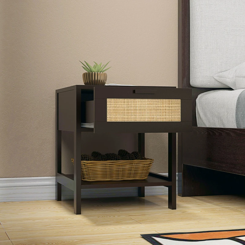 HOMCOM Nachttisch Beistelltisch mit Schublade und Regal, Rattanfront, Maße 40L x 40B x 48H cm Schwarz