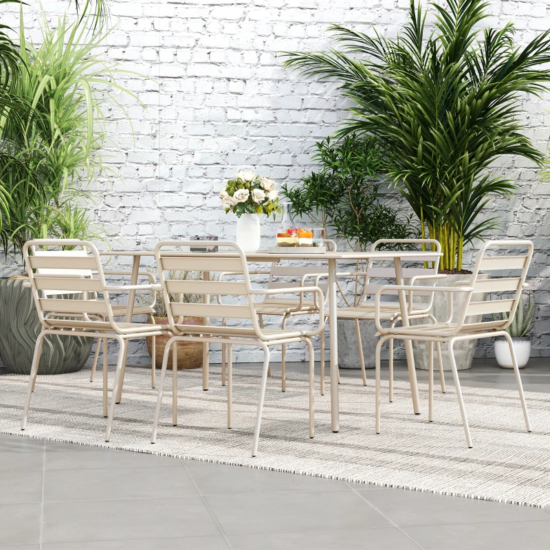 Outsunny Gartenmöbel-Speiseset 7-teilig mit 1 Tisch und 6 stapelbaren Stühlen aus Stahl in Beige