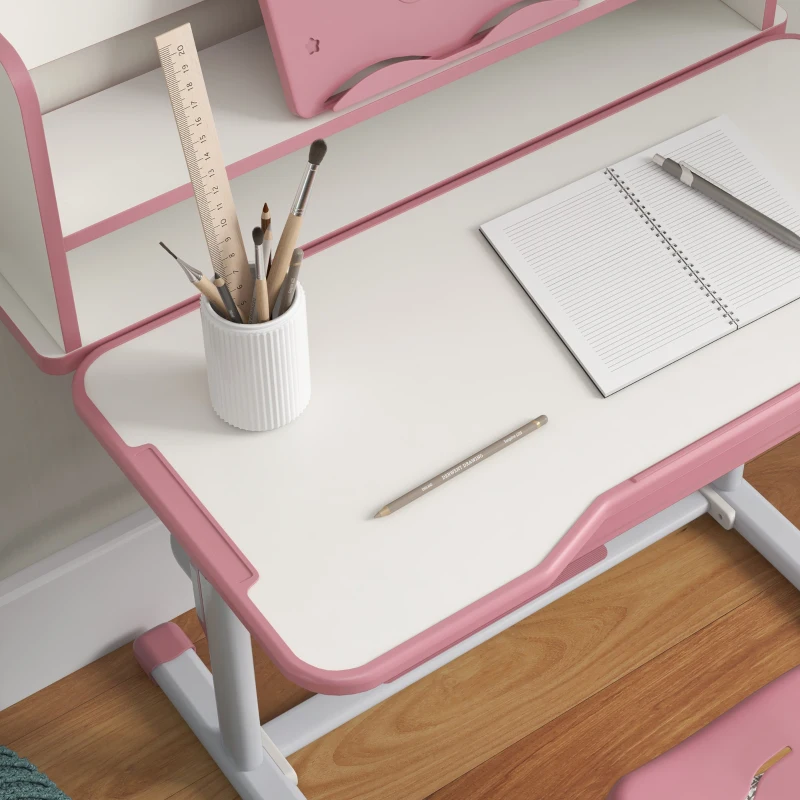 ZONEKIZ Ensemble Bureau pour Enfants avec Chaise Réglable en Hauteur et Plan Inclinable, Âge 6-12 Ans, Rose