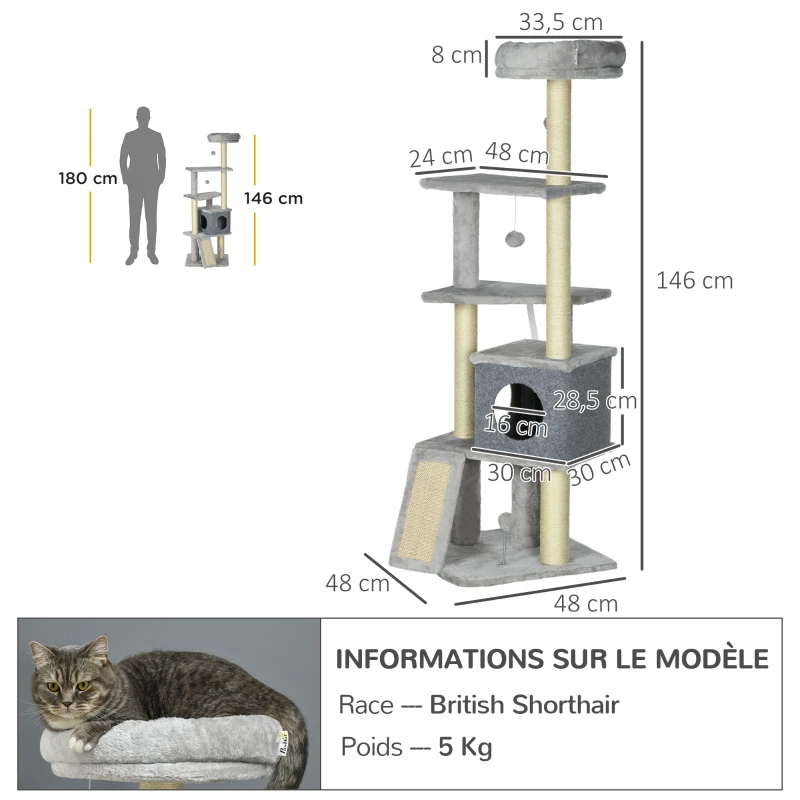 PawHut Árbol para gatos árbol para trepar para gatos multi-equipamiento rascadores 4 plataformas 1 casa 1 cesta altura 146 cm Gris
