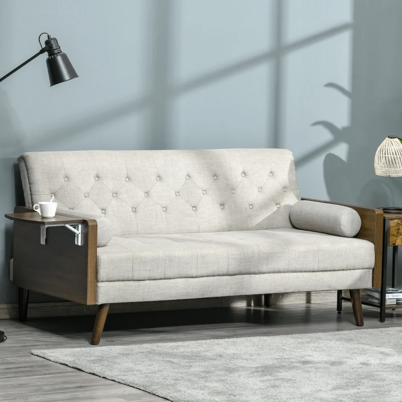 HOMCOM Schlafsofa mit 3 Plätzen im skandinavischen Design, verstellbarer Rückenlehne in 3 Positionen, klappbarem Tablett, 2 Kissen inklusive, schlanken Eukalyptusholzbeinen, Stoff aus Baumwolle und Polyester in Leinenoptik, Beige