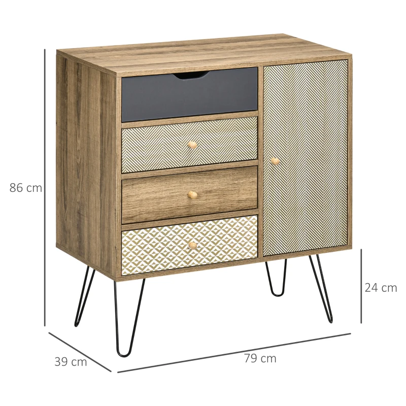 HOMCOM Aufbewahrungskommode Sideboard 4 Schubladen 1 Schrank - Haarnadelbeine Bohème 79 x 39 x 86 cm Braun
