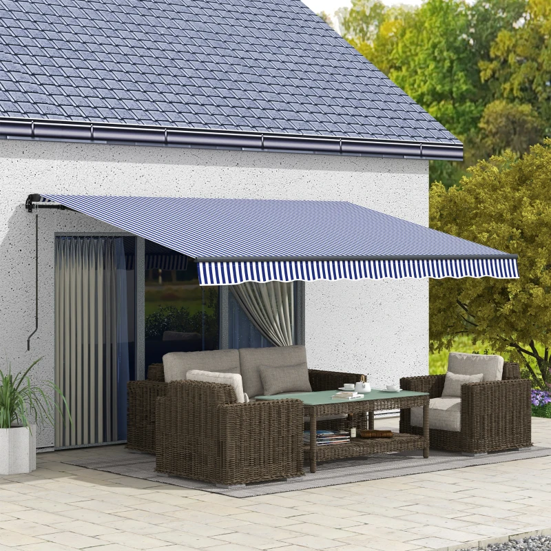 Outsunny Auvent solaire auvent terrasse, inclus manivelle, résistant aux intempéries, 400 cm x 300 cm, Bleu + Blanc