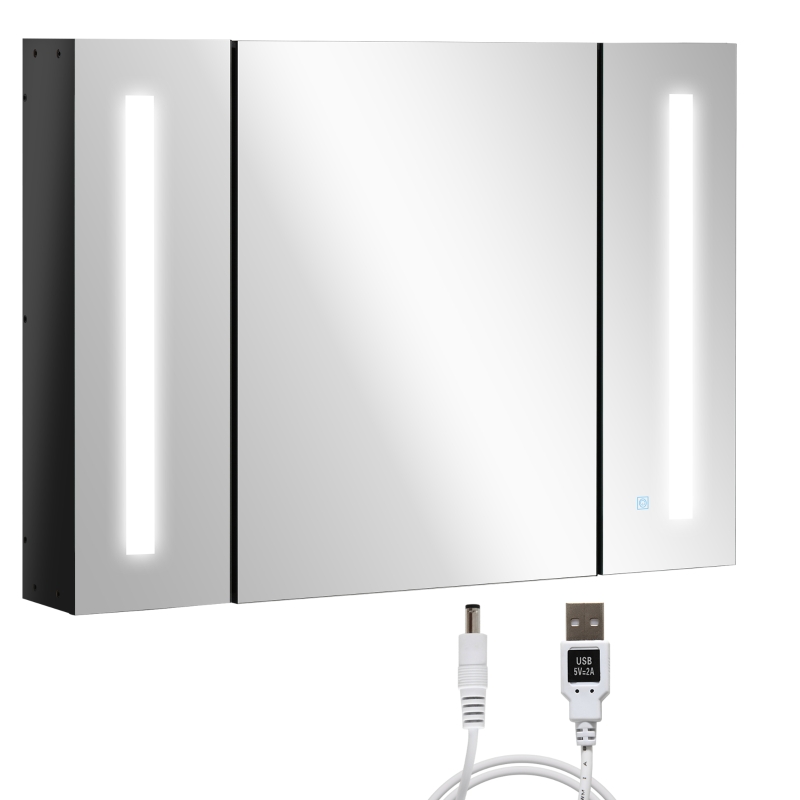 kleankin Badezimmerspiegelschrank an der Wand aus MDF mit 3 Schränken, 3 Regalen und LED-Licht, 90x15x65 cm, Schwarz