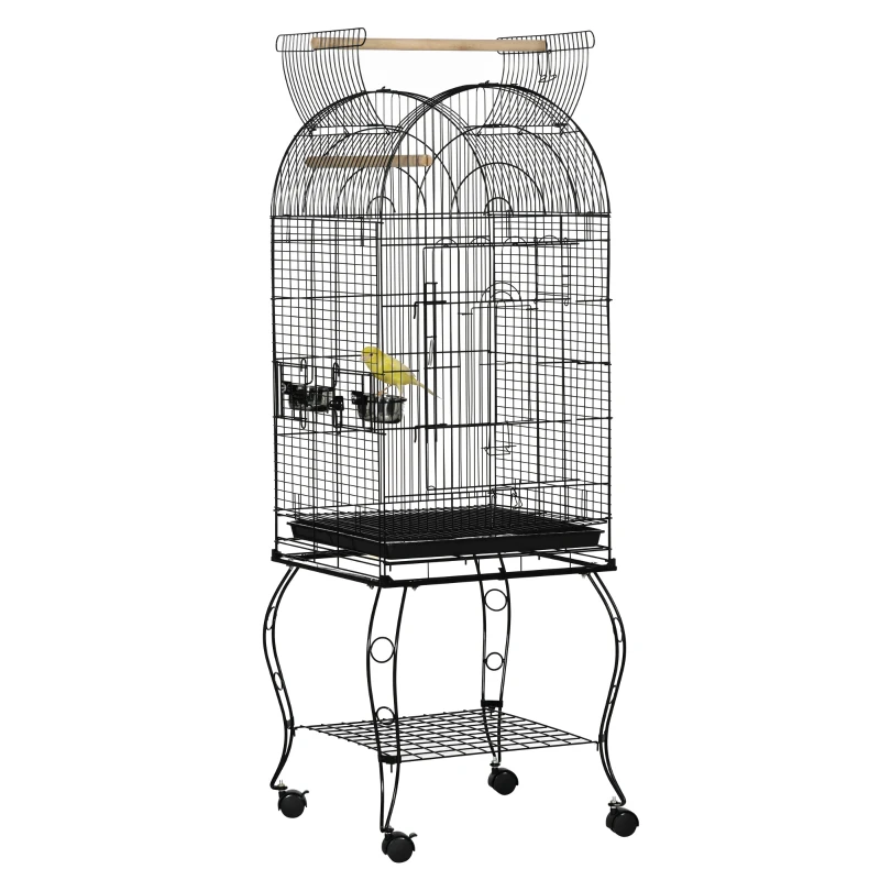 PawHut Cage pour Oiseaux et Canaris, Volière avec Roues en Métal Noir 51x51x153 cm