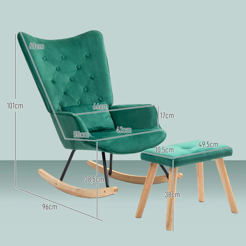 HOMCOM Sillón Mecedora con Otomano acolchado alto respaldo Terciopelo hasta 150 kg Verde