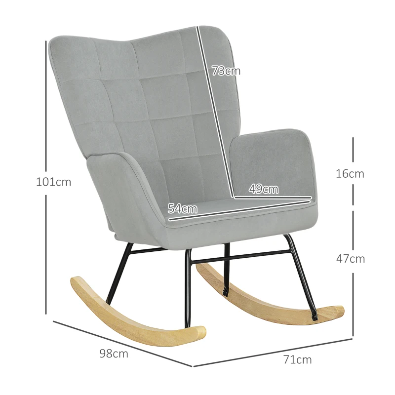 HOMCOM Sillón Mecedora Acolchado Grueso Amplio Respaldo Madera de Haya/Marco de Acero Soporta hasta 120 kg Gris Claro