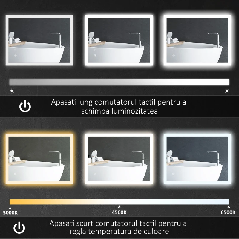 Kleankin Oglinda de Baie cu Lumina LED, Luminozitate Reglabila si Functie de Memorie, 70x50x3 cm, Transparent