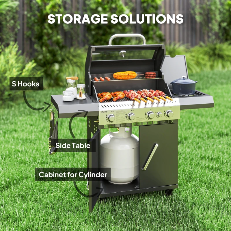 Outsunny 4+1 Burner Gas BBQ Grill with Clear View Lid, Portable Gas Barbecue Grill with Built-in Thermometer, Side Table, Cabinet, Wheels, Grease Tray for Garden Party Outdoor Cooking, Black