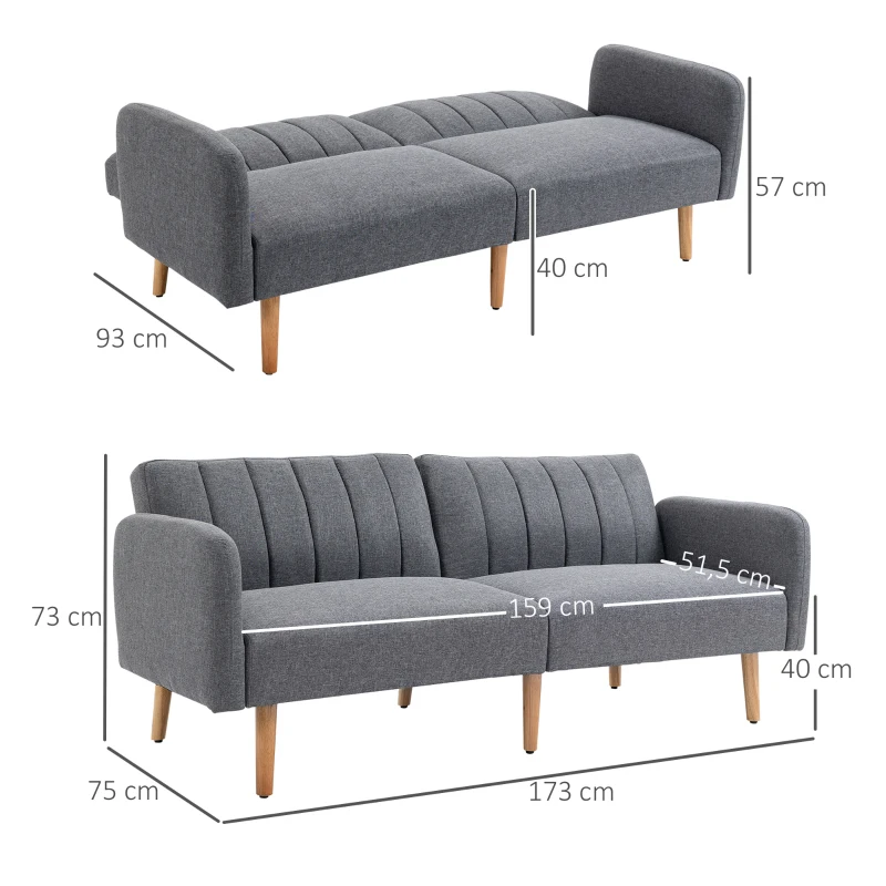 HOMCOM Sofá Cama 3 Plazas Sofá de Tela Sofá con Función de Cama Poliéster Tipo Lino Madera de Goma 173x75x73 cm Gris