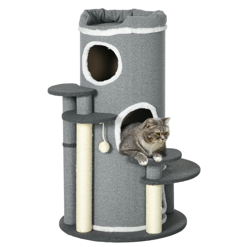 PawHut Árbol para Gatos con Torre de Rascar, 2 Cuevas para Gatos, 4 Áreas de Descanso, 4 Postes para Rascar, 57x57x99 cm, Gris+ Blanco