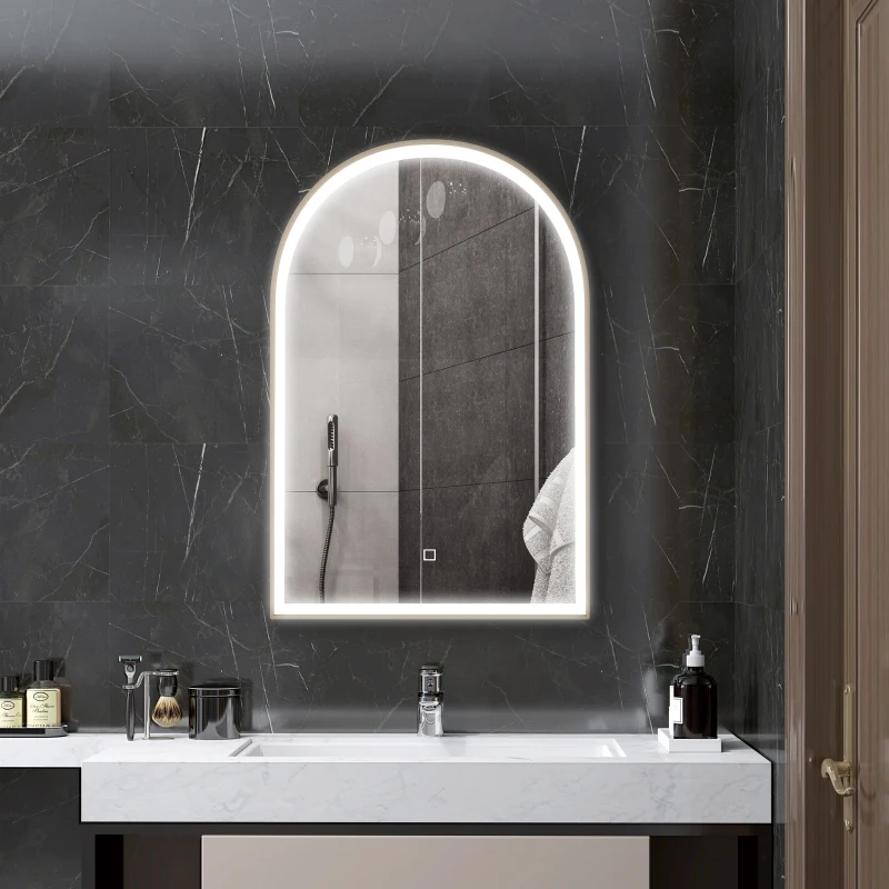 HOMCOM Specchio da Bagno LED 90 x 60cm, a Parete, 3 Colori, Arco Cornice in Alluminio, Sbrinamento e Interruttore Tattile, Oro