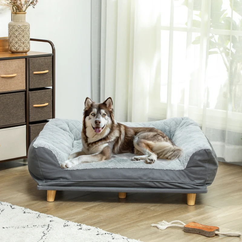 PawHut Sofá para perro sillón perro funda extraíble funda extraíble y lavable patas de madera de pino 100x70x30 cm Gris