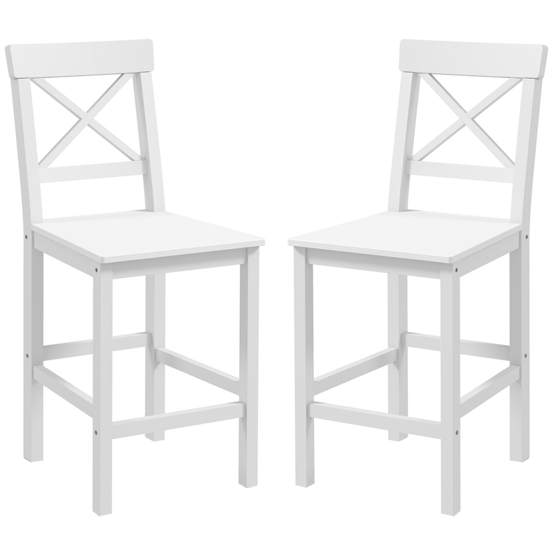 HOMCOM Conjunto de 2 taburetes altos taburetes de bar estilo campestre chic en madera altura 60 cm con reposapiés Blanco