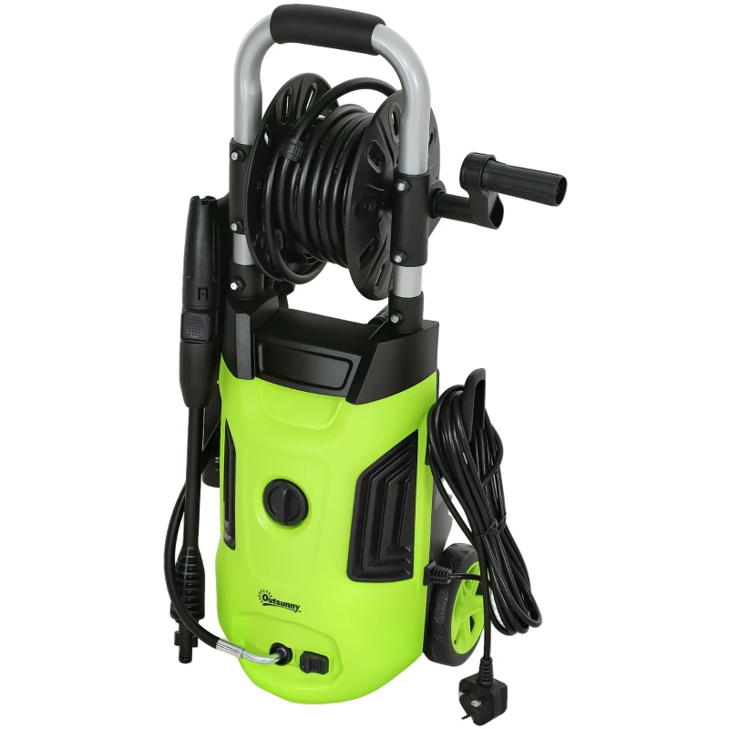 Outsunny 1800W High Pressure Washer, 150 Bar Pressure, 420 L/h Flow, Portable Power Washer Jet Wash Cleaner with Adjustable Nozzle, 6M Hose, Hose Reel, Steel Handle for Home Patio Car Driveway, Green