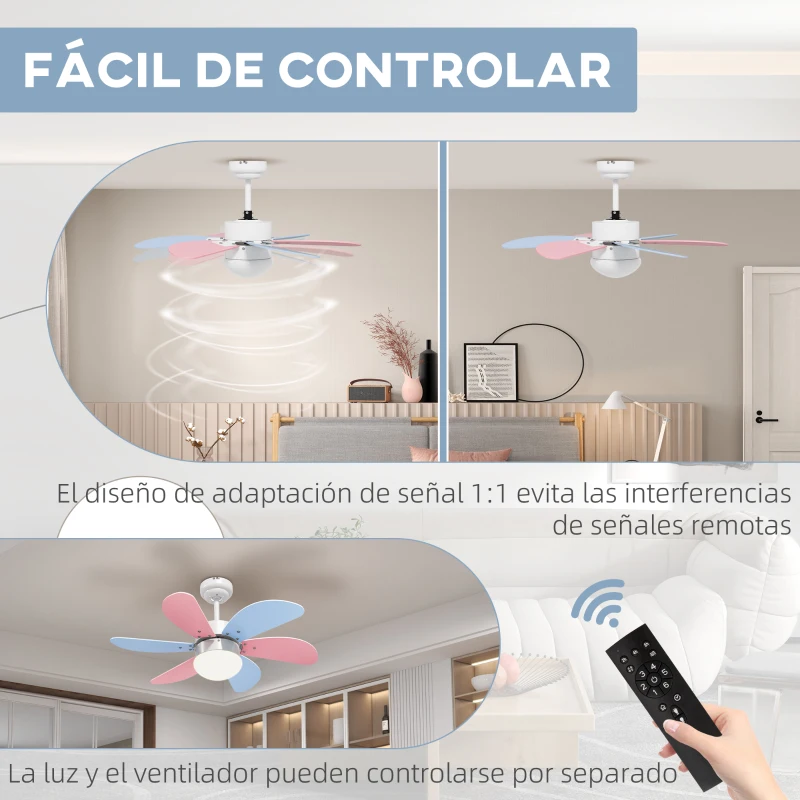 HOMCOM Ventilador de Techo con Luz 34W Ø82,5 cm Motor DC con 6 Aspas Reversibles Mando a Distancia y Temporizador Multicolor
