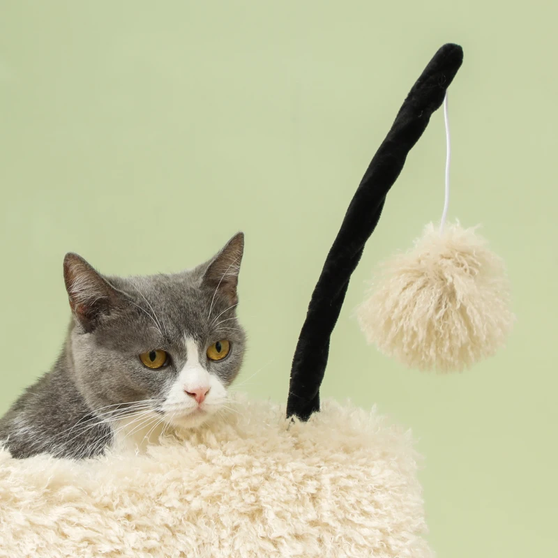 PawHut Arbre à chat au design de mouton, avec poteaux à griffer, tunnel et jouet, 98 cm, Marron clair