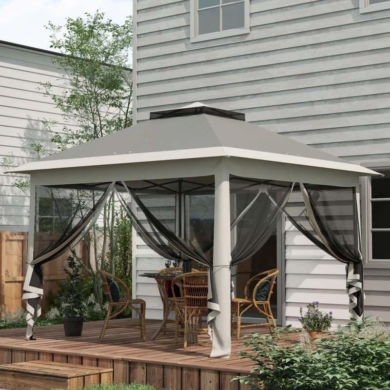 Outsunny Gazebo de Exteriores con Altura Ajustable y Mosquiteras, en Metal y Tela Oxford, 3,3x3,3x2,8 m, Gris Oscuro