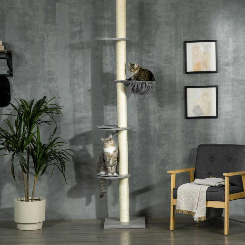 PawHut Albero Tiragraffi per Gatti con Amaca, Fermaglio a Soffitto, Alto fino al Soffitto, 40 x 40 x 250 cm, Grigio Bianco Crema