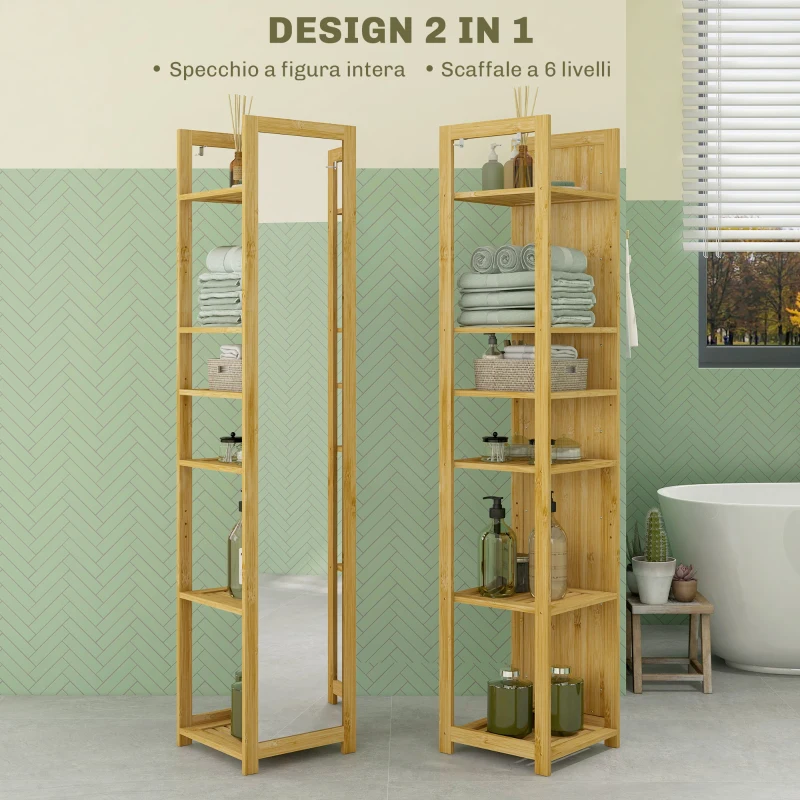 HOMCOM Scaffale da Bagno con Specchio e 6 Ripiani a Doghe in Bambù, 35x35x168cm, Colore Legno
