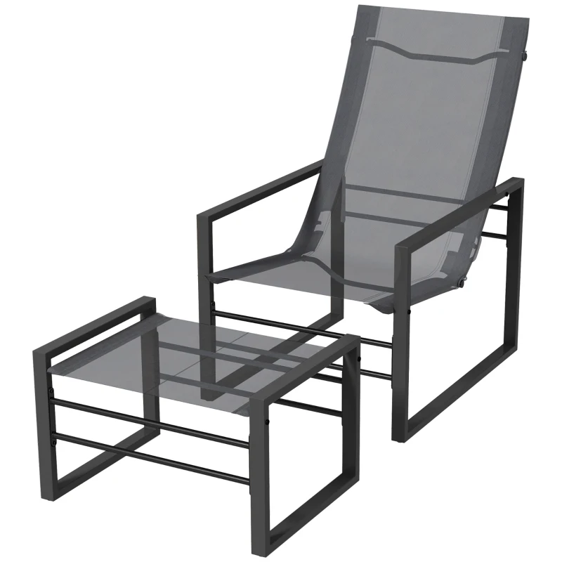 Outsunny Conjunto de sillón reclinable de jardín con reposapiés, tumbona, estructura de metal y tela mesh transpirable - Gris