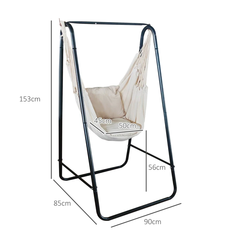 Outsunny Silla hamaca de jardín con soporte, silla colgante con cojín, apoyabrazos, ganchos, Blanco Crema