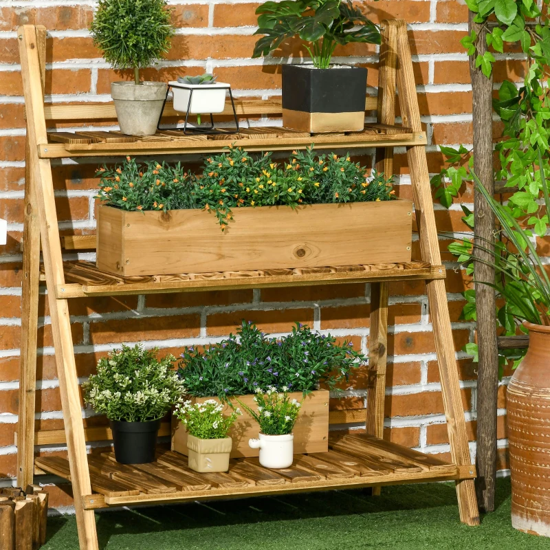 Outsunny Suport pentru Plante Pliabil, Jardinieră cu 3 Niveluri, Raft de Exterior pentru Plante, 80x37x93 cm, Lemn Natural