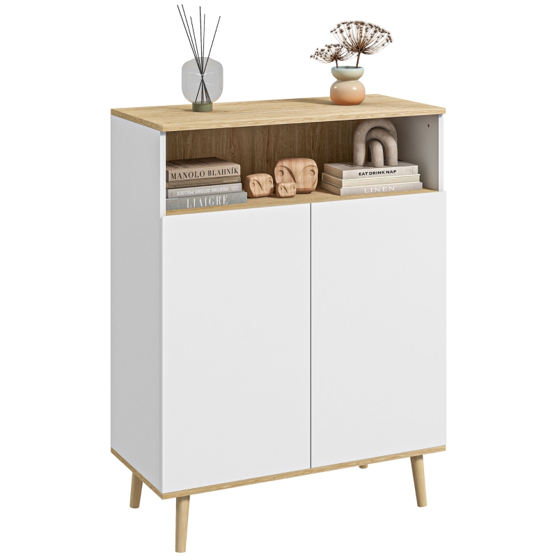HOMCOM Credenza dal Design Scandinavo con Armadio a 2 Porte e Mensola Interna, Bianco e Legno