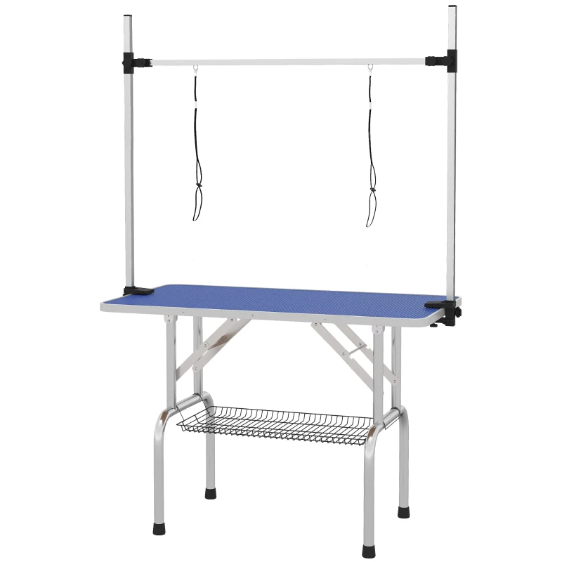 PawHut Table de Toilettage pour Animaux Table de Soins Table de Tonte avec Panier inférieur pour Chiens ajustable en hauteur pliable Acier Inoxydable Métal Bleu 107 x 60 x 170 cm