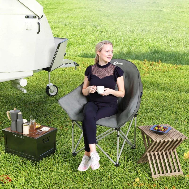 Outsunny Składane krzesło kempingowe z boczną kieszenią, torbą, poduszką do 120kg, Ciemnoszary