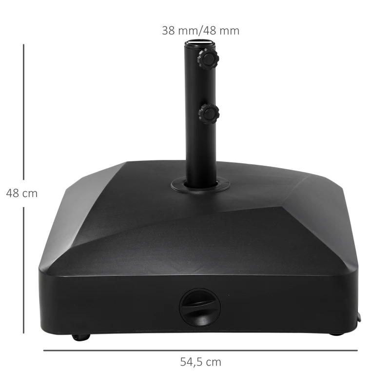 Outsunny Pie de sombrilla cuadrado soporte de sombrilla llenado con agua y arena con ruedas para terraza en PE 54,5x54,5x48 cm Negro