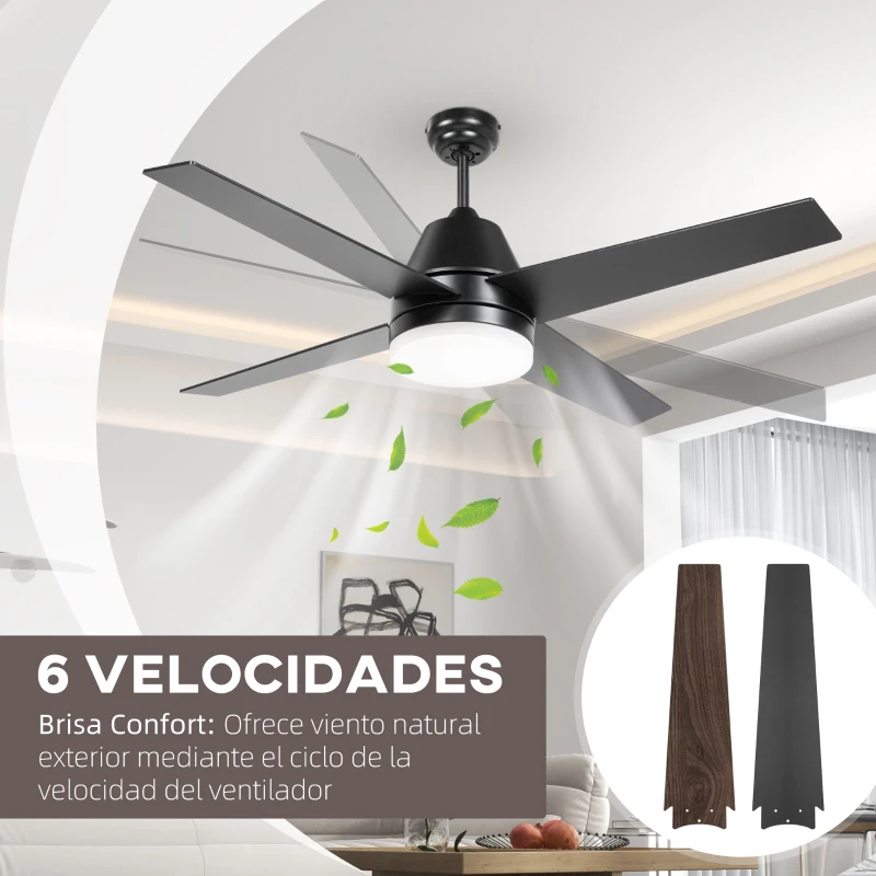 HOMCOM Ventilador de Techo con Luz 46W Ø129 cm Motor DC con 4 Aspas Reversibles Mando a Distancia y Temporizador Negro