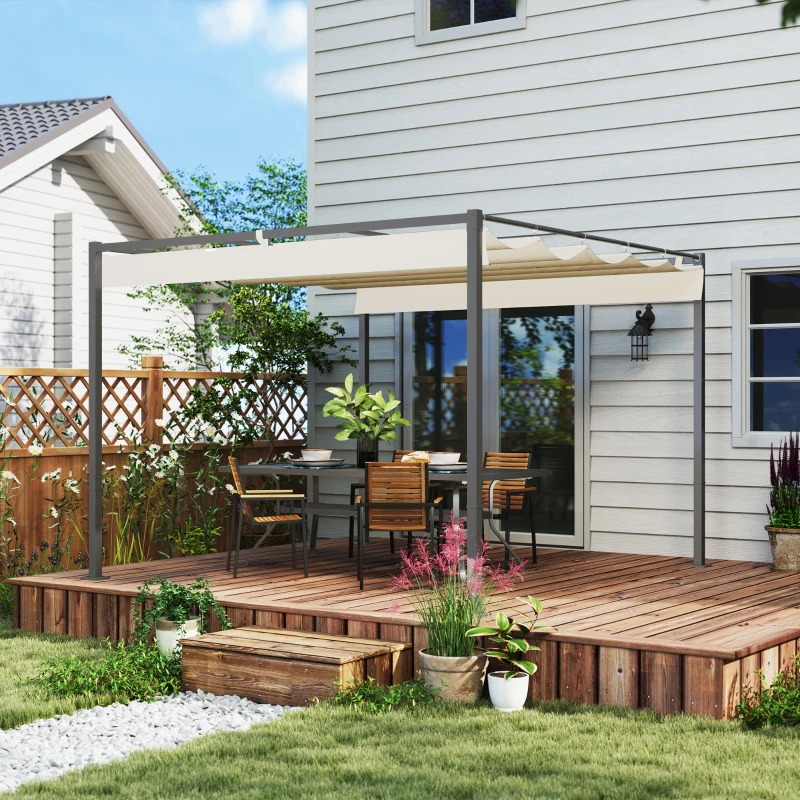 Outsunny Pergola da giardino 3 x 3 m con tetto retrattile, padiglione, baldacchino per ombra, UPF30+, Beige