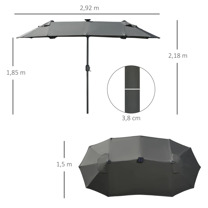 Outsunny Parasol doble, parasol de terraza, inclinable, con panel solar, 35 LED, marco de acero, Gris, 2,92x1,50x2,18 m