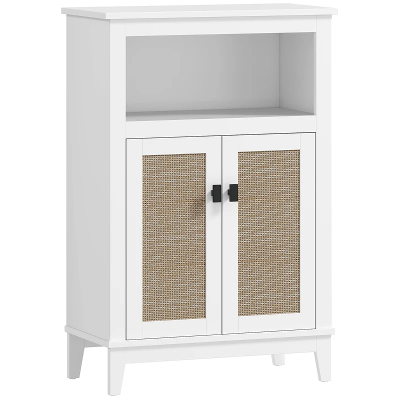 HOMCOM Meuble de Salle de Bain avec 2 Portes en Rotin Avant, Étagère Réglable et Compartiment Ouvert 60x30x90 cm Blanc