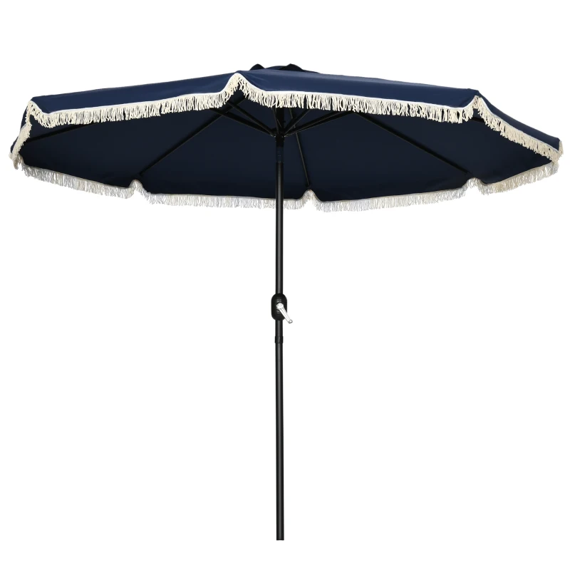 Outsunny Parasol inclinable redondo 268 cm con flecos tela de poliéster de alta densidad anti-UV mástil desmontable 8 varillas - Azul