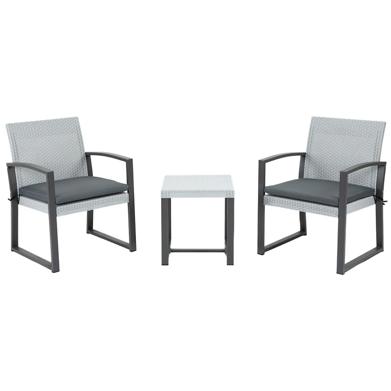 Outsunny Grupo de Asientos de Poliratán para 2 Personas Set de Muebles de Balcón con Mesa Auxiliar con Cojines de Asiento Acero