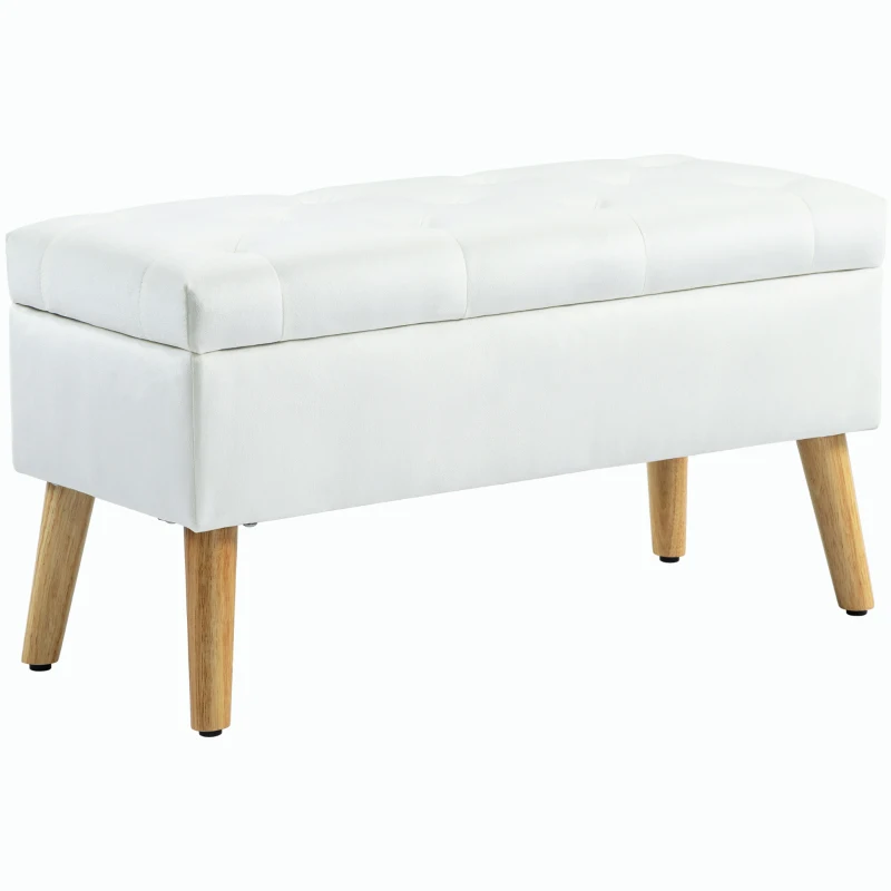 HOMCOM Banc rembourré avec rangement, revêtement en velours, pieds en bois, pour salon chambre entrée, 80 x 35 x 40 cm, Blanc