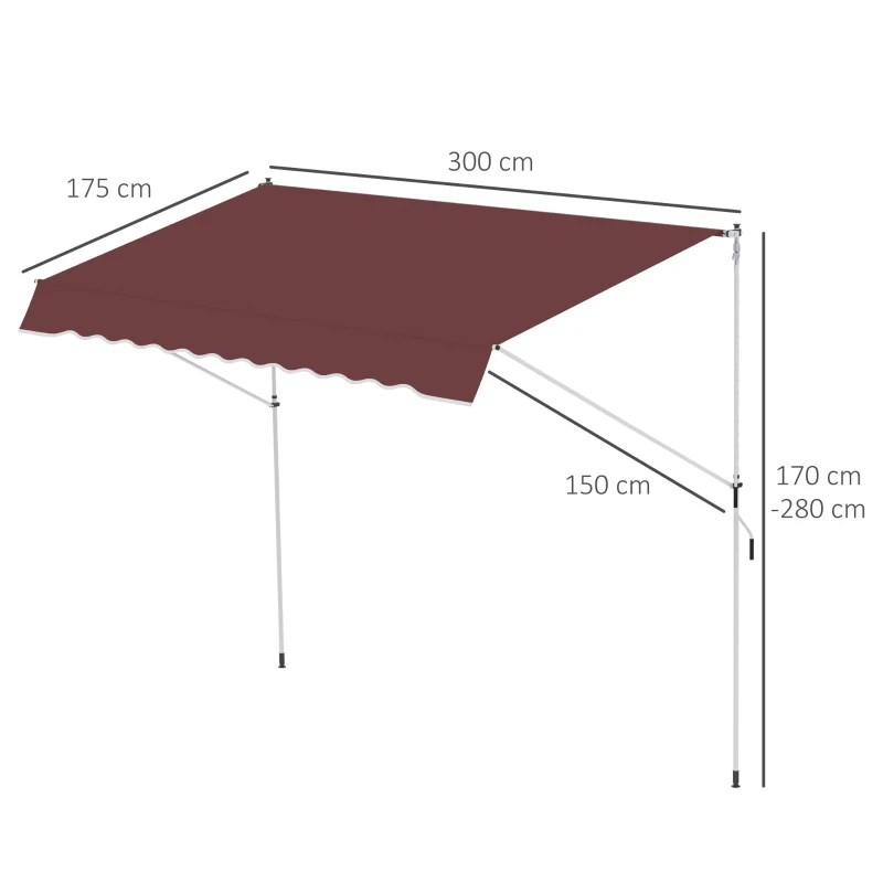 Outsunny Toldo retráctil Manual para balcón, sin perforaciones, 3x1,5 m, Inclinación y Altura ajustable, instalación rápida, Anti-UV