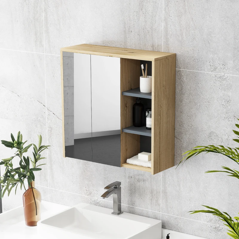 HOMCOM Armadietto per il Bagno con Specchio, Armadietto Toilette a Muro, 3 Mensole Aperte, 60 x 20 x 60 cm, Legno Naturale