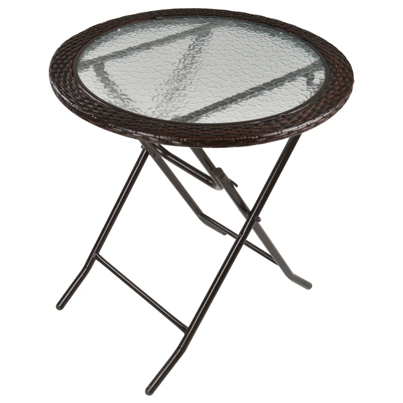 Outsunny Tavolo rotondo bistrò da giardino pieghevole dim. Ø 68 x 73H cm metallo epossidico resina intrecciata cioccolato piano vetro temperato
