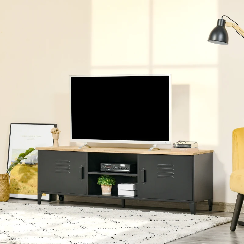 HOMCOM Mobile TV fino a 55'' con 2 Armadietti, Piedi Regolabili, Telaio in Metallo Nero, Piano in Legno Naturale, 150 x 40 x 50 cm