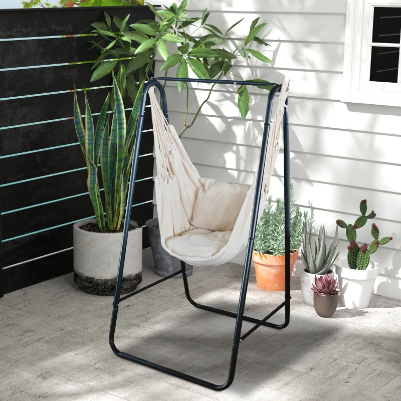 Outsunny Sedia a dondolo da giardino con supporto, sedia sospesa con cuscino, bracciolo, ganci, crema bianco