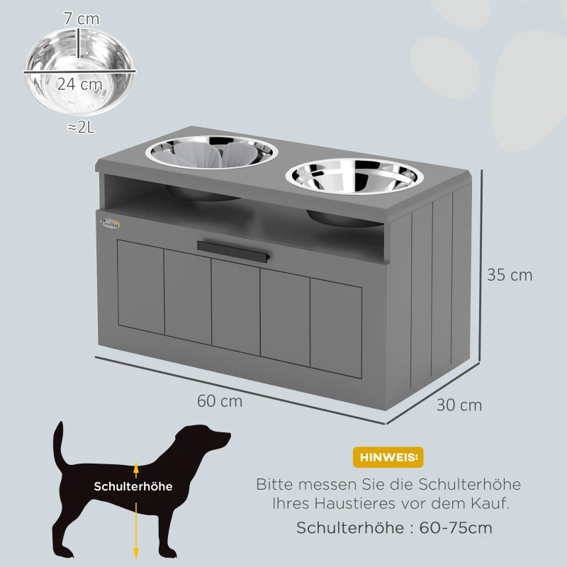 PawHut Station d'alimentation pour grands chiens, avec 2 bols en acier inoxydable, tiroir, distributeur de nourriture pour animaux, MDF, Acier, Gris