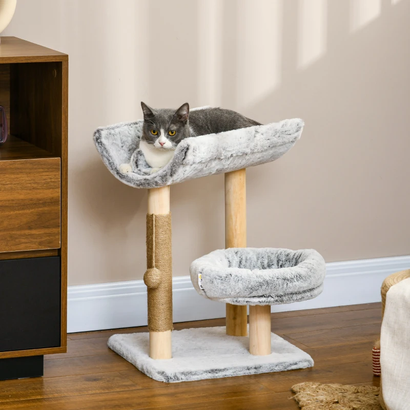 PawHut Katzenbaum mit Kratzbaum 1 obere Nische mit waschbarem Kissen 1 runde Nische Plüsch Höhe 66,5 cm Grau