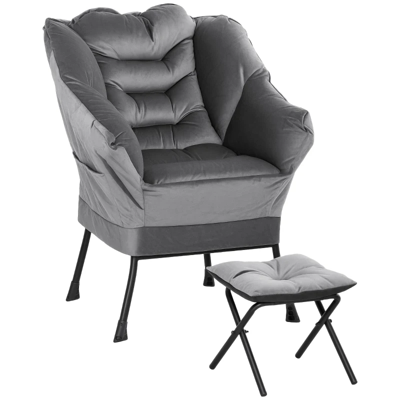 HOMCOM Fauteuil Moderne avec Repose-Pieds et 2 Poches Latérales, en Tissu Effet Velours et Acier, 80x78x100 cm, Gris