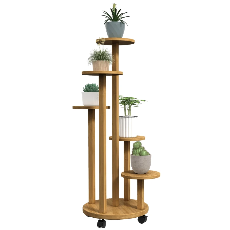 Outsunny Estante de plantas en bambú estanterías redondas para flores soporte de macetas de flores 5 niveles Madera Natural