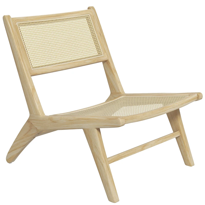 HOMCOM Sillón lounge relax silla respaldo asiento rejilla - asiento profundo - estructura madera caucho - natural