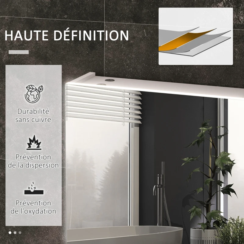 kleankin Armadio Murale con Specchio e Illuminazione a LED per Bagno 2 in 1, 90L x 15l x 70H cm